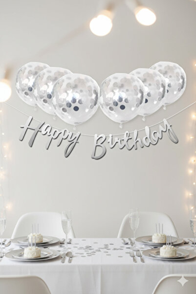 Deniz Party Store Gümüş Konfetili Şeffaf Balon Gümüş Happy Bırthday Kaligrafi Yazı