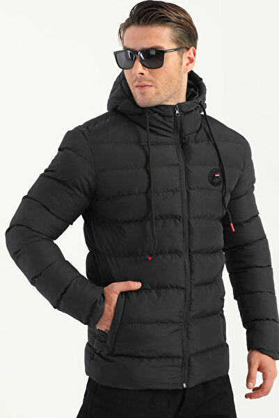 D1fference Ανδρικό χειμερινό αθλητικό παλτό με μαύρη χοντρή επένδυση με αντιανεμική κουκούλα