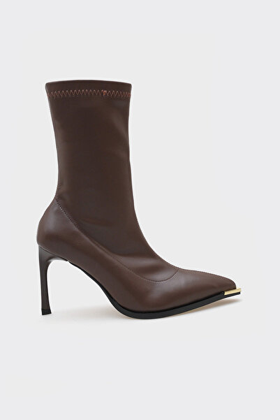 SHOEMARK Saran Kahve Streç Topuklu Kadın Bot