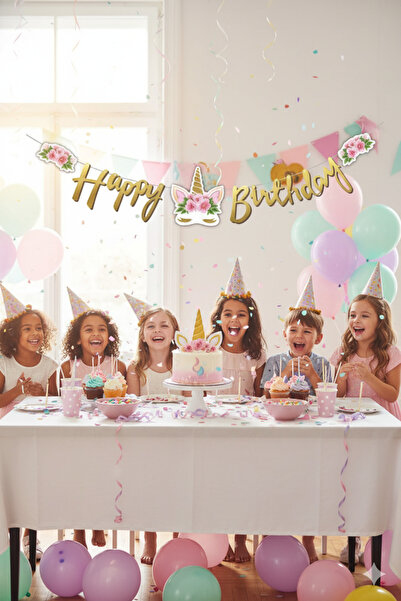Deniz Party Store Kaligrafi Banner Çiçekli Unıcorn Happy Bırthday 2 Mt