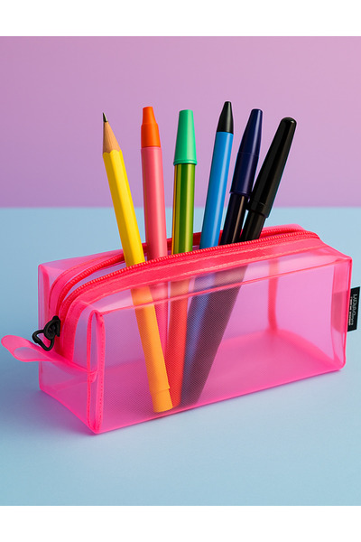 NaSaDAN Büyük Boy Şeffaf Pembe Kalemlik – Fermuarlı Kalem Çantası – Makyaj Çantası