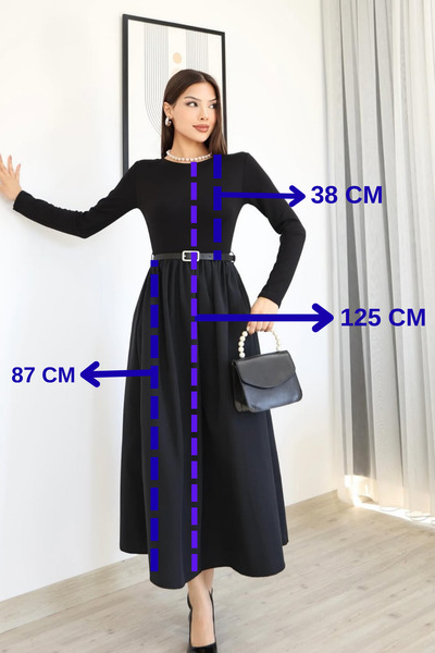 MİROR Kadın Bisiklet Yaka Uzun Kollu Kemerli İkili Renk Kombin Maxi Elbise