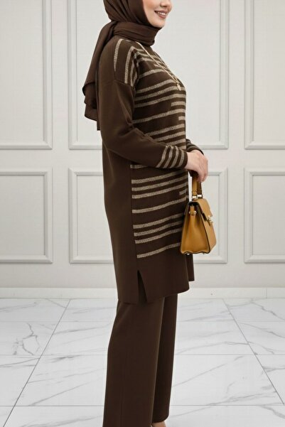 Mercan GÜLİSTAN TRİKO TAKIM Tesettür Sim Detaylı Triko Tunik Pantolon Takım Kahverengi