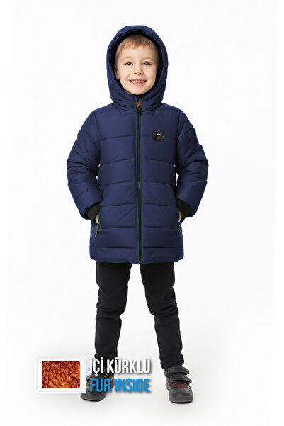 QAWWA Chlapecký nepromokavý a větruodolný tmavě modrý kabát s kapucí se silným fleecem uvnitř