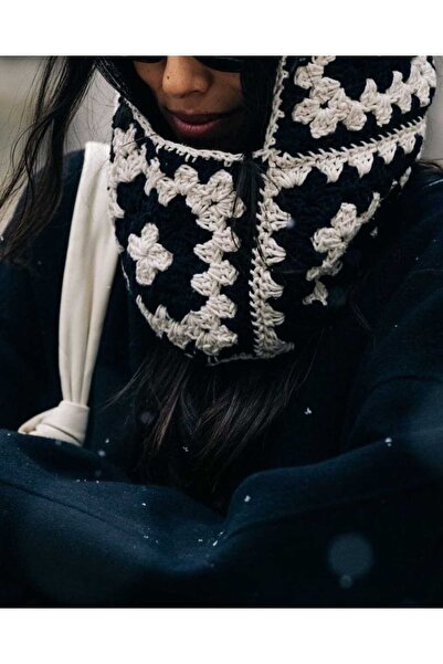 Nympha Knitted Balaklava, Motifed Two Color Scarf Beanie, Balaclava