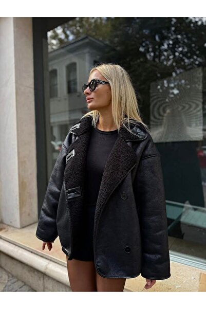 NET OF NOT Else Siyah Dokulu Süet Içi Peluşlu Oversize Zr Model Mont