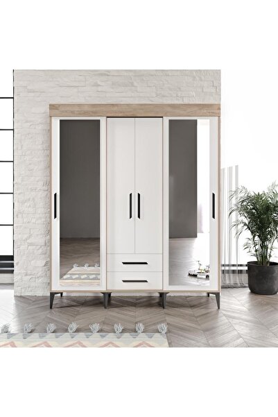 Afilli Ildır Çift Sürgülü 2 Kapaklı 2 Çekmeceli Gardrop Beyaz Tamamı Mdf