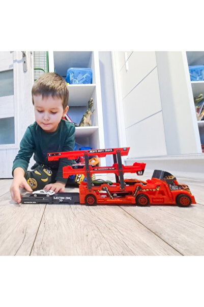 varioshop Transport Truck with 6 Cars, Launcher, 3-Level Foldable Trailer (Red/Black)