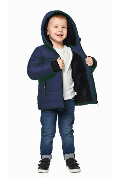 QAWWA Chlapecký nepromokavý a větruodolný tmavě modrý kabát s kapucí se silným fleecem uvnitř