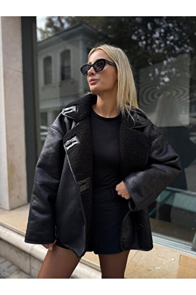 NET OF NOT Else Siyah Dokulu Süet Içi Peluşlu Oversize Zr Model Mont