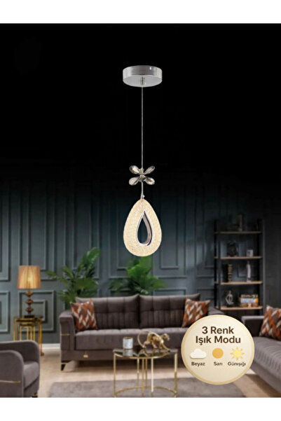 Litra Lighting Damla Model Gümüş 3 Renk Modu Kristal Taşlı Modern Salon Mutfa...
