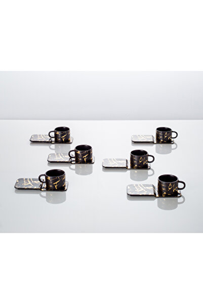 Malooki Set of 6 coffee cups, Malooki, porcelain, 90 ml, with saucers, black/gold