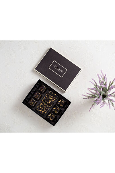 Malooki Set of 6 coffee cups, Malooki, porcelain, 90 ml, with saucers, black/gold