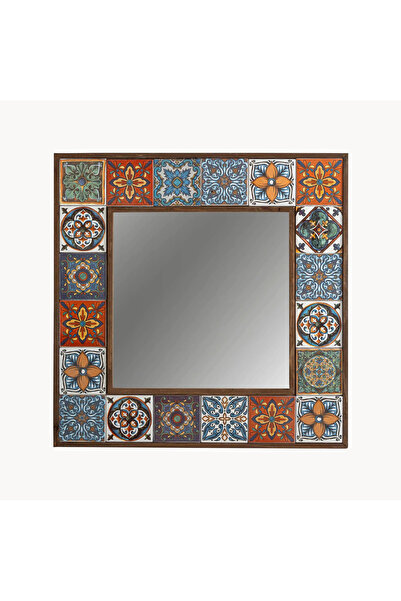 bluecape Orta Boy Etnik Çini Desenli 60x60 cm Doğal Ahşap Çerçeveli Dekoratif Duvar Aynası