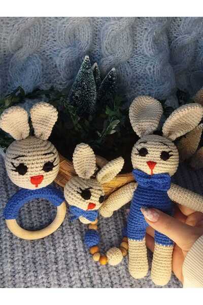 TechStore Amigurumi Yenidoğan mavi tavşan set, çıngırak ve emzik zinciri