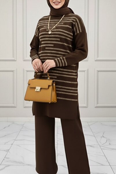 Mercan GÜLİSTAN TRİKO TAKIM Tesettür Sim Detaylı Triko Tunik Pantolon Takım Kahverengi