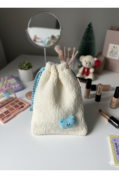 Sumicorn Design Sevimli Kedi Peluş Mavi Pötikareli Astarlı Büzgülü Ipli Düzen...