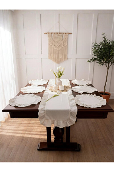 Uçkan home Ruffled Linen 1 Runner 6 American-Style Placemats Set - 7-Piece Dowry Set