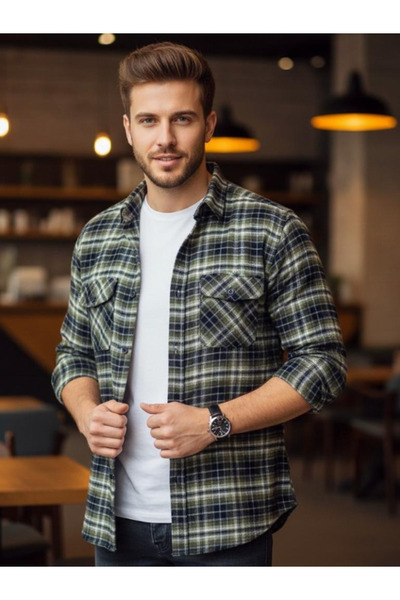 BERNEO Men's Dad Lumberjack Double Pocket Flap Checked/Plaid Shirt