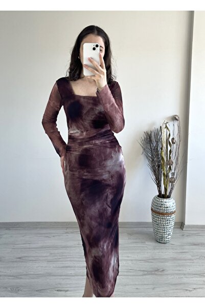 Aspendia Kadın Batik Desenli Drapeli Tül Elbise