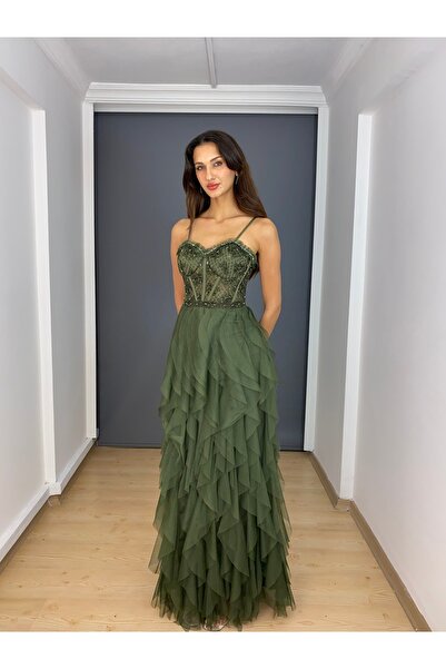 gökkuşagı moda Haki Bel Güpür Transparan Detaylı Etek Kat Kat Uzun Abiye