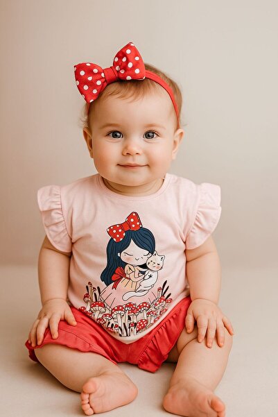 Tongs Baby Cat And Girl %100 Pamuklu Somon Renk 2'li Kız Bebek Takım