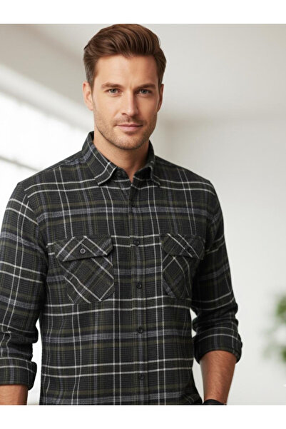 BERNEO Men's Dad Lumberjack Double Pocket Flap Checked/Plaid Shirt