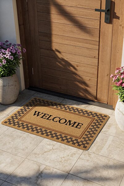 Cotto Home Coco Entry Ps029A Checkered Frame Welcome Pattern Thick Non-Slip Base Moisture Absorbing Stylish Door Mat