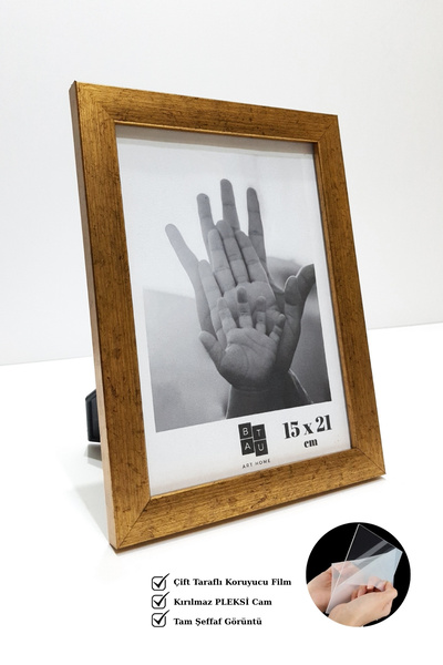Batu Art Home Fotoğraf Çerçevesi Korumalı Pleksi Camlı Masaüstü Ayaklı Ve Duvara Asılabilir 15x21 Cm Mat Altın