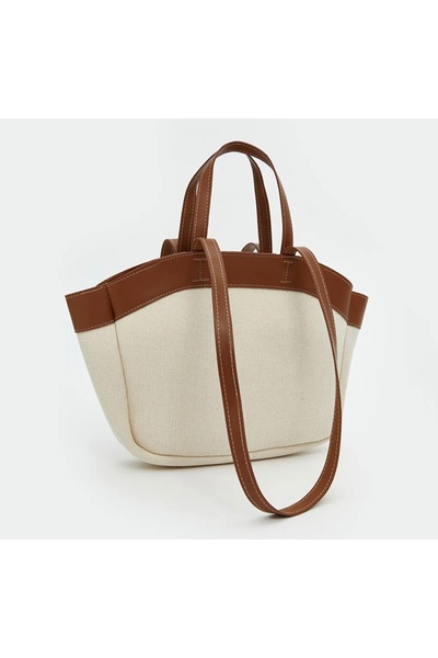 nuvela istanbul Kadın Kahve Detaylı Keten Omuz Çanta & Makyaj Çantası Seti