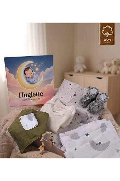 Huglette Hera - Yenidoğan Unisex Hediye Seti – Müslin Örtü + Body + Patik + E...