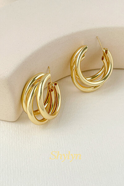 Shylyn 925 Gümüş İğneli Altın Kaplama Çoklu Halka Küpe