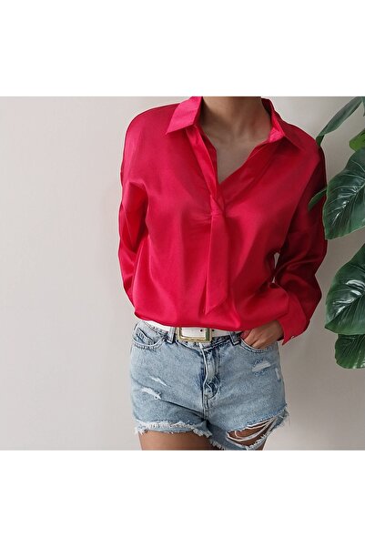 Dagü Design قميص نسائي من الساتان الوردي مع وشاح متنقل