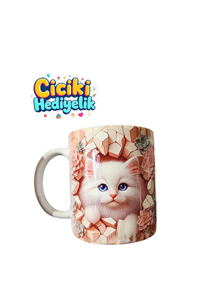 ciciki hediyelik Flower Kitten Printed 3D Effect Gift Mug