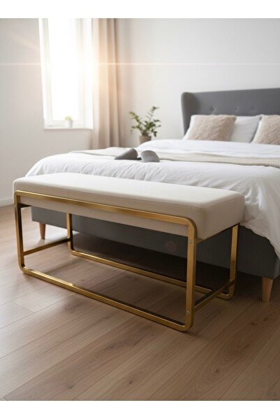 TodekHome Gold Metal Ayaklı Krem Puf / Bench