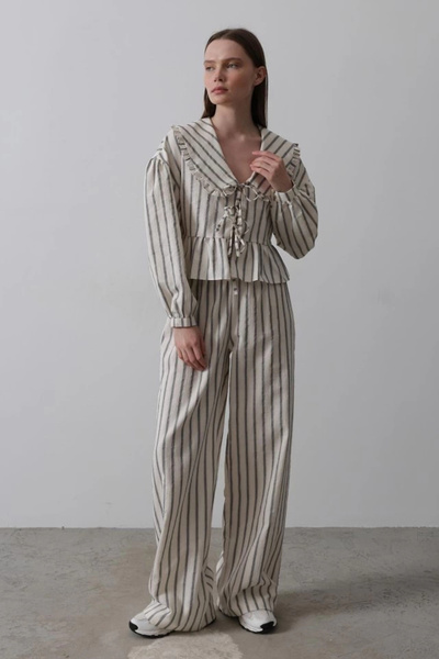 CEYDA GÜMÜŞ Sky Fashion Peter Pan Collar Tie-Front Suit - Natural