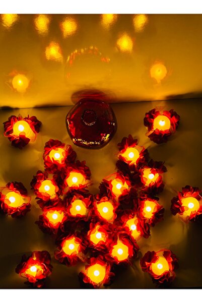 Muensu 12 Adet Bordo Lazer Çiçekli Led Mum, Tea Light, Üç Boyutlu Ledli El Mum, Düğmeli, Işıklı