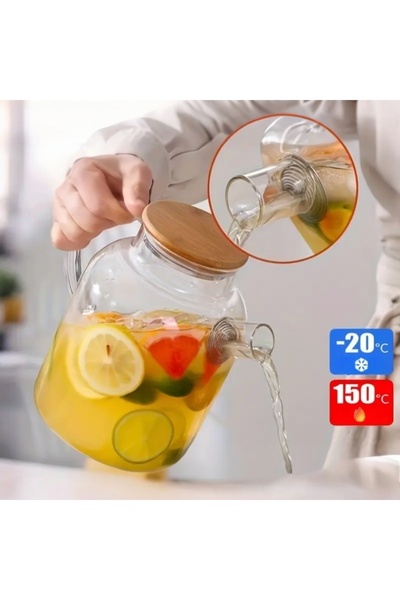 Yenigeldi إبريق شاي من الزجاج البوروسيليكات المقاوم للحرارة - مع غطاء من الخيزران، ومصفاة، للمشروبات الباردة والساخنة