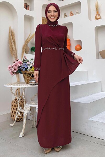 TRENDTESETTÜR KADIN BORDO TAŞ DETAYLI ELBİSE T 4783