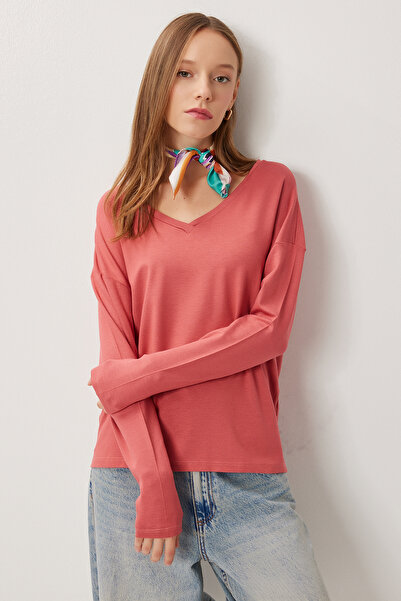 Lovelyİstanbul V Yaka Triko Bluz GÜL KURUSU LUB0047