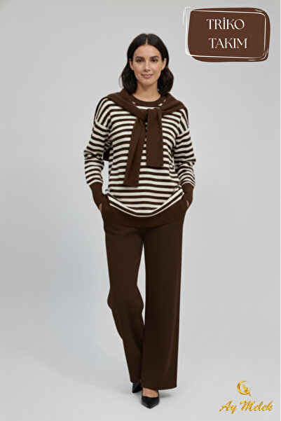 AYMELEK Women's Knitwear Trouser Set Striped Scarf Detailed Crew Neck Set