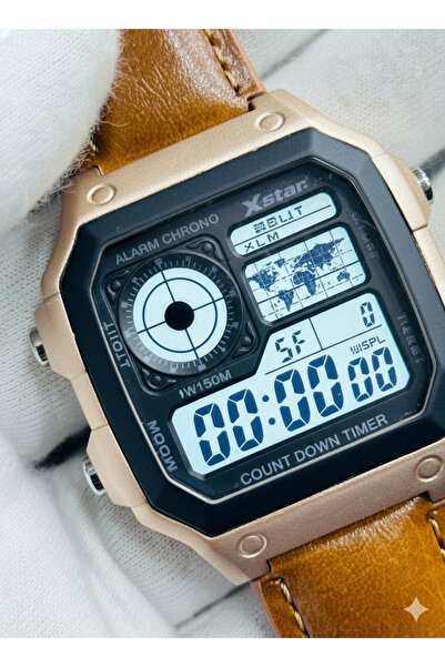 MACON Men’s Digital Sports Watch, Resin Square Dial, Caramel Shade Leather Strap, Alarm, Stopwatch