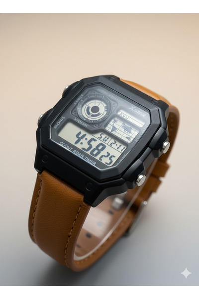 MACON Men’s Digital Sports Watch, Black Square Dial, Caremel Color Leather Strap, Alarm, Waterproof