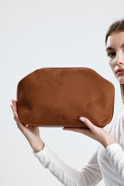 HEYBE'S Heybes Kadın Taba Kahve Süet Clutch El Çantası