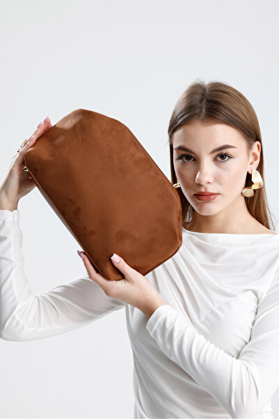 HEYBE'S Heybes Kadın Taba Kahve Süet Clutch El Çantası