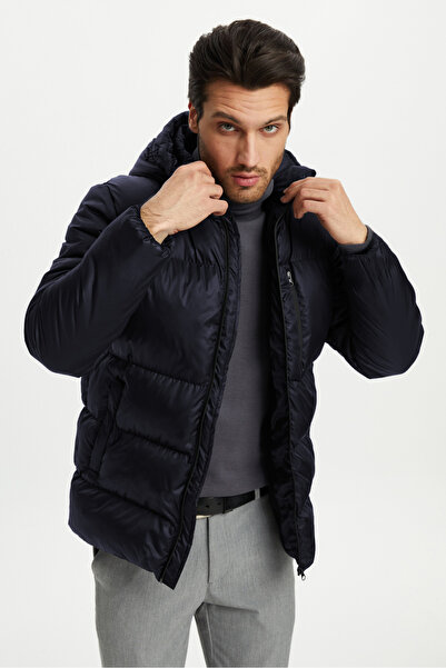 D1fference Pánská tmavě modrá nafukovací sportovní zimní bunda s kapucí a tlustou podšívkou