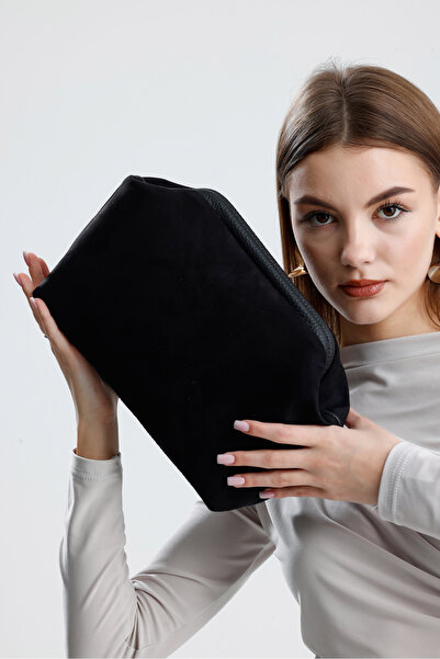 HEYBE'S Heybes Kadın Siyah Süet Clutch El Çantası