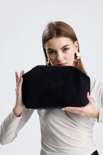 HEYBE'S Heybes Kadın Siyah Süet Clutch El Çantası