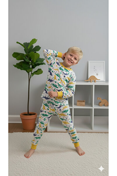 ROSAMİNA Boy's 100% Cotton Animal Patterned White Color Pajama Set