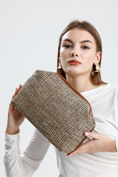 HEYBE'S Heybes Kadın Kahve Biyeli Çizgili Jüt Hasır Clutch El Çantası